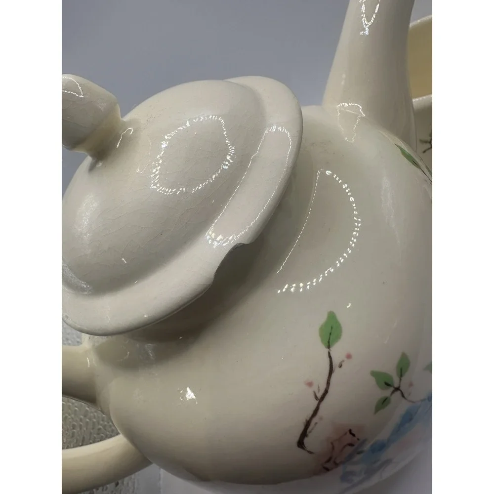 Beige Glazed Ceramic Floral Tea Set Teapot w/ Lid & 4 Cups, 8 oz